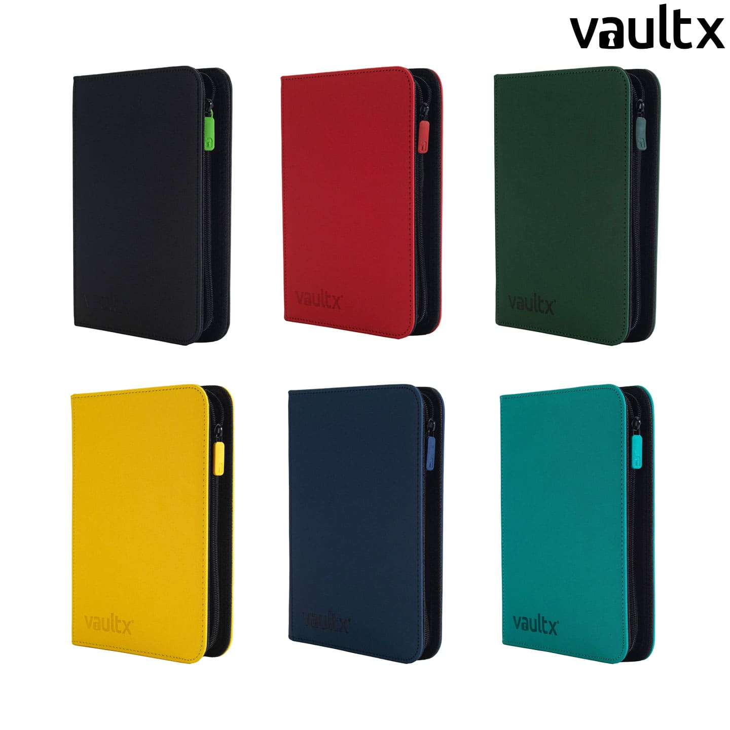 Die Vault-X_Exo-Tec-4-Pocket-Zip-Binder in den Farben Schwarz, Rot, Grün, Gelb, Blau und Türkis.