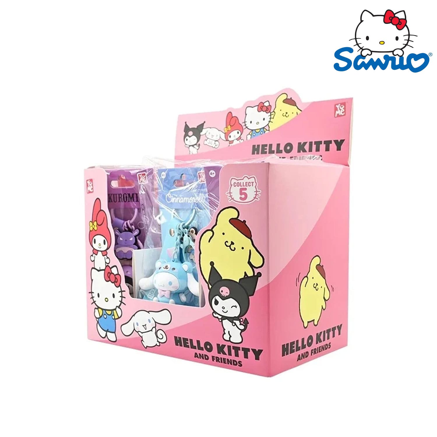 Die YuMe Toys Sanrio Hello Kitty and Friends Raincoat Series Display Box. Hello Kitty, Kuromi, Pompompurin, Pochacco und My Melody.