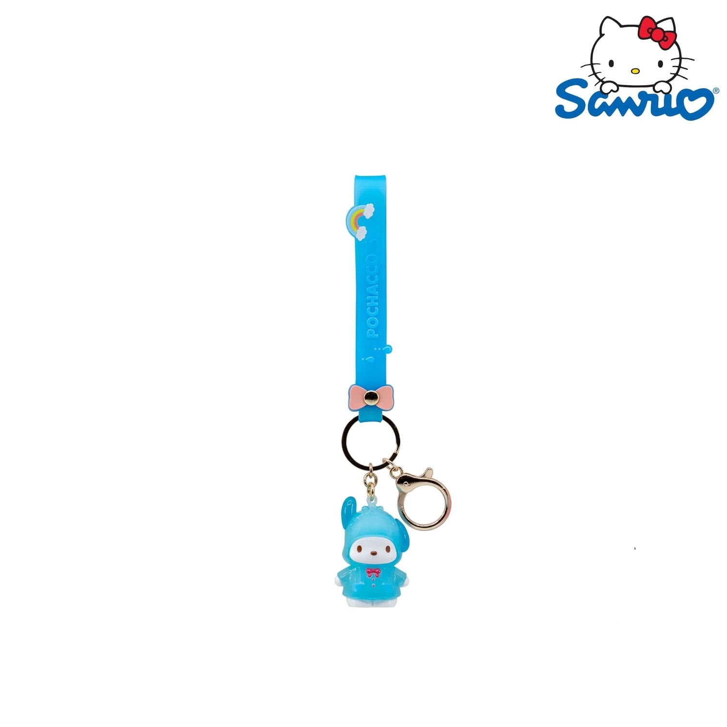 Der YuMe Toys Sanrio Hello Kitty and Friends Raincoat Series Keychain Anhänger in der Pochacco Variation.