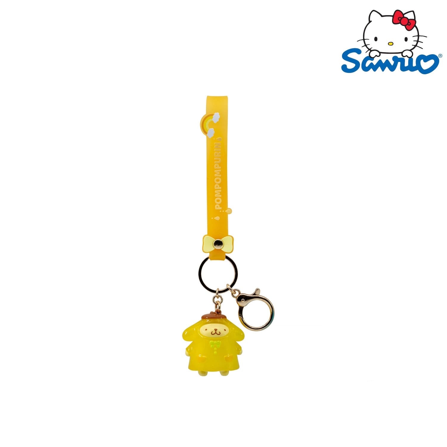 Der YuMe Toys Sanrio Hello Kitty and Friends Raincoat Series Keychain Anhänger in der Pompompurin Variation.
