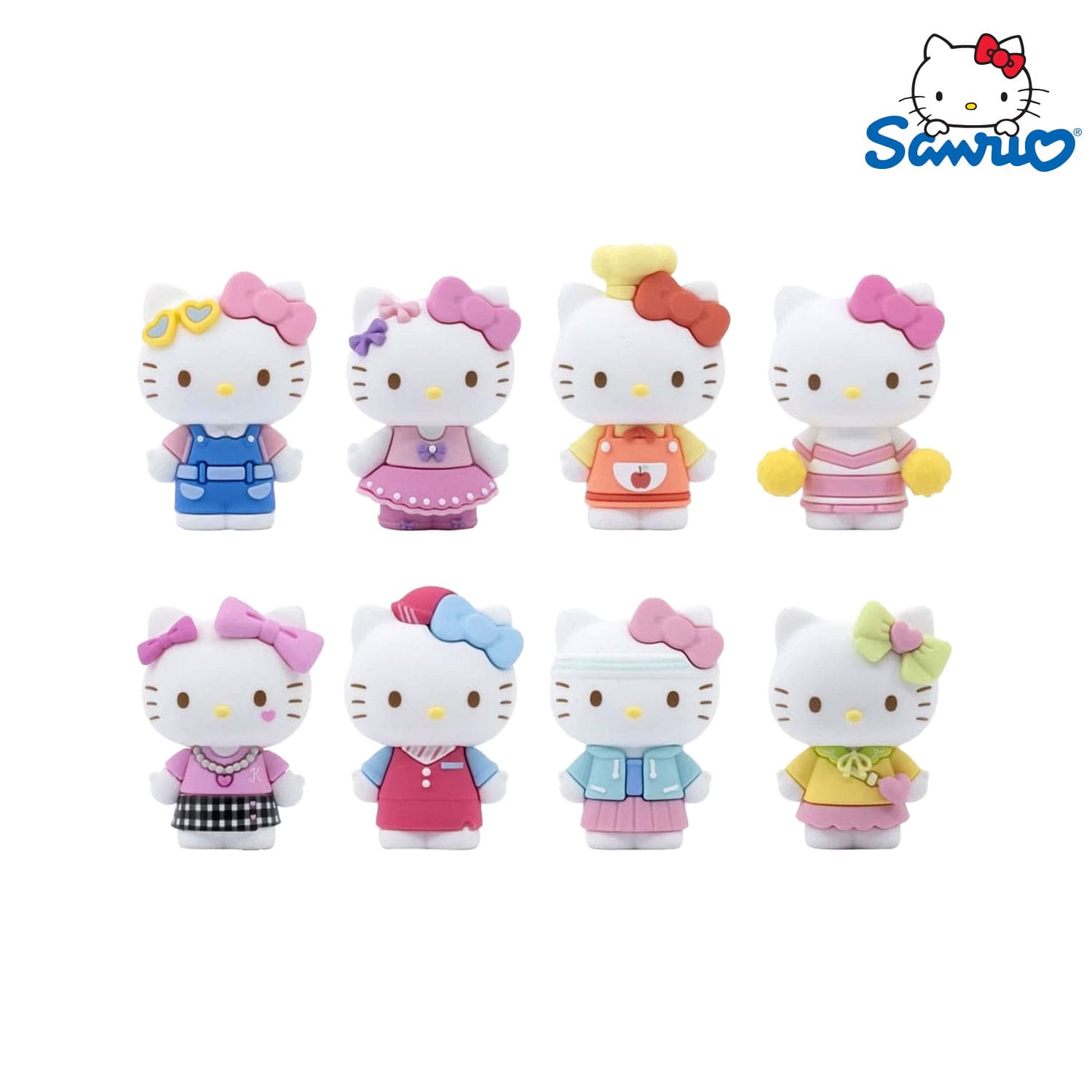 Alle YuMe Toys Sanrio Hello Kitty Mini Doll Figuren, Popstar, Cheerleader, Latzhose, Pink Dress, Chef. Hostess, Sporting, Freizeit-Outfit
