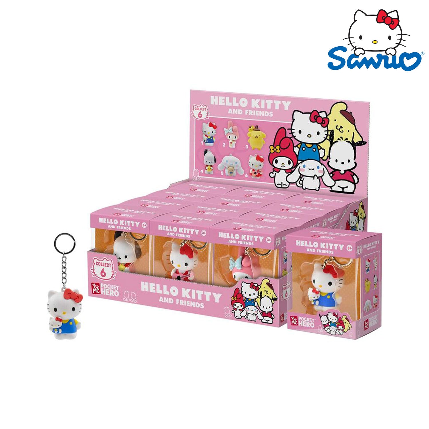 YuMe Toys Hello Kitty & Friends Pocket Hero Display mit Hello Kitty, My Melody, Cinnamoroll, Pochacco und Pompompurin.