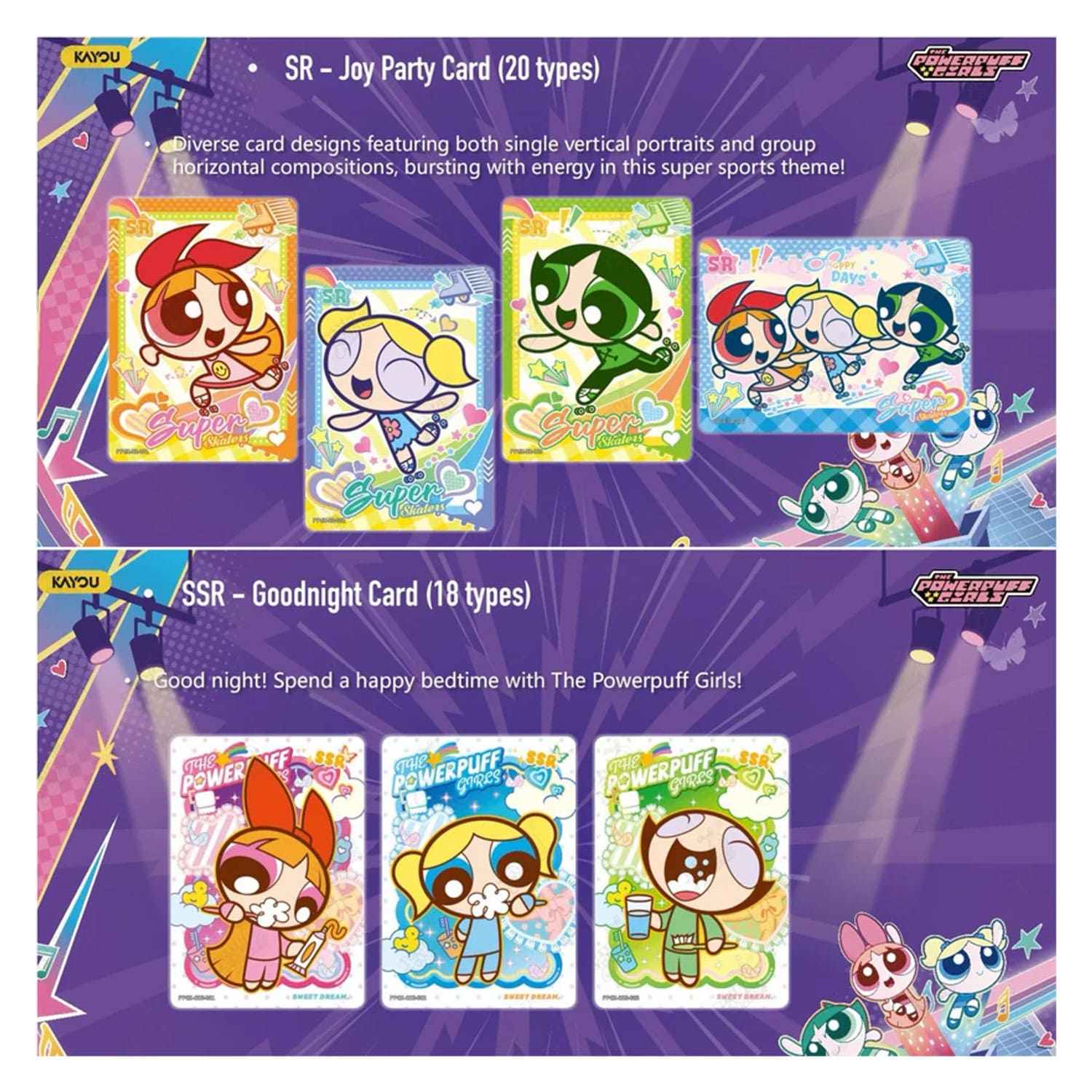 Die Kayou Powerpuff Girls Starlight Edition 001 SEA Series 1 SR - Joy Party Card und SSR Goodnight Card.
