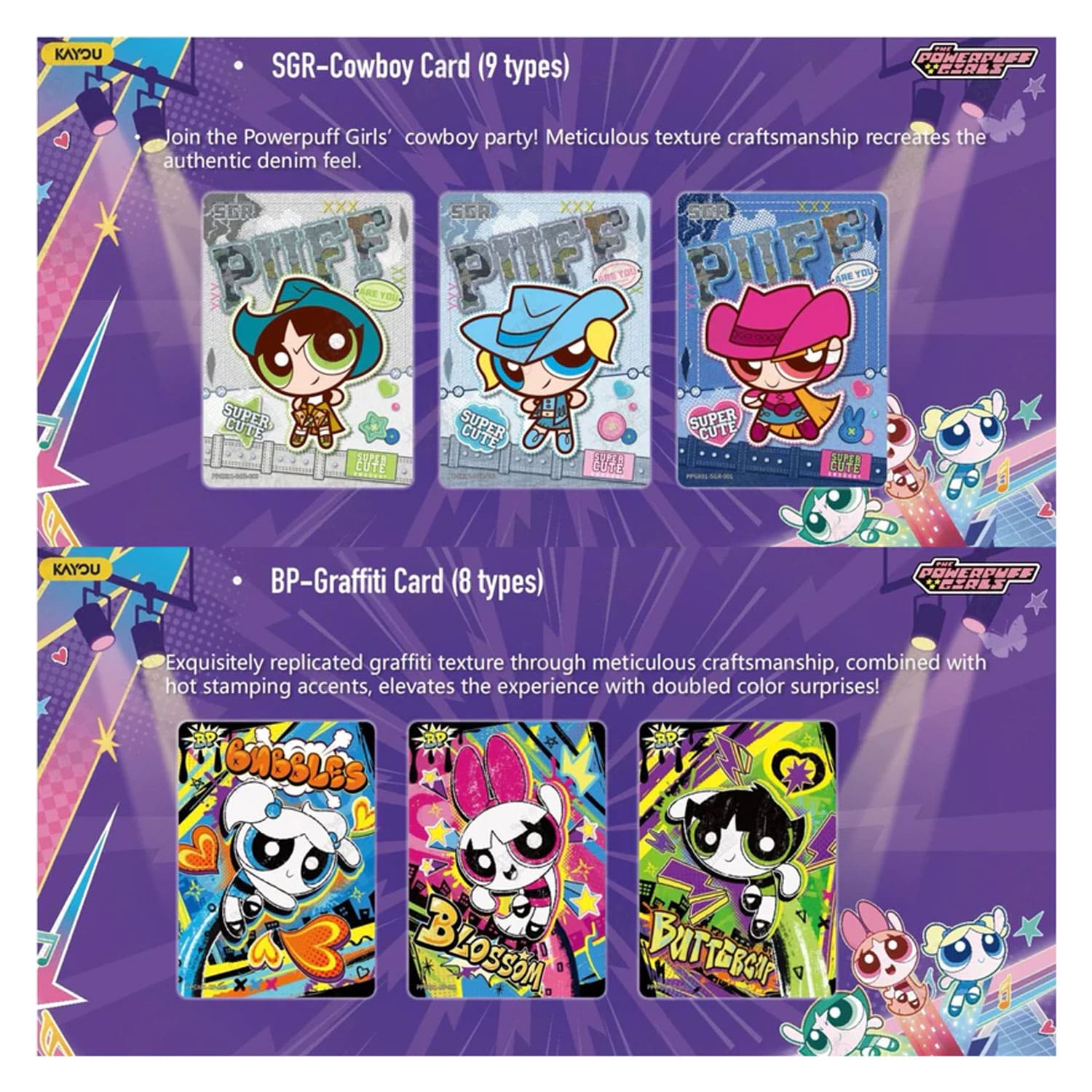 Die Kayou Powerpuff Girls Starlight Edition 001 SEA Series 1 X Element Pack mit SGR-Cowboy Card und BP-Graffiti Card.