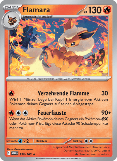 Flamara 136/165 151 Pokémon Karte